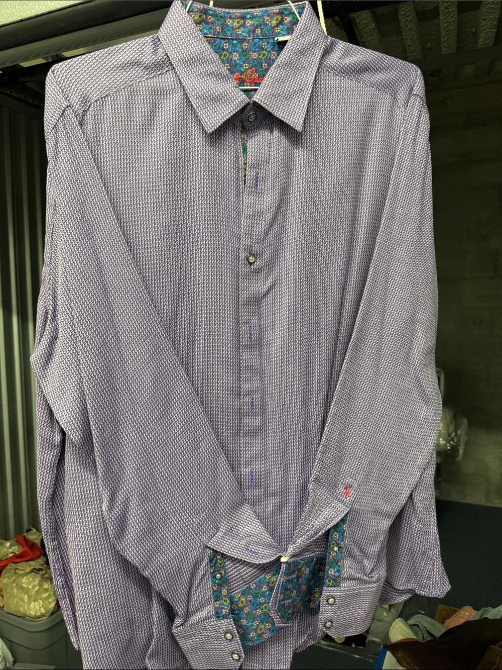 Robert Graham Lavender Geometric Dress Shirt with Floral Trim 2Xl